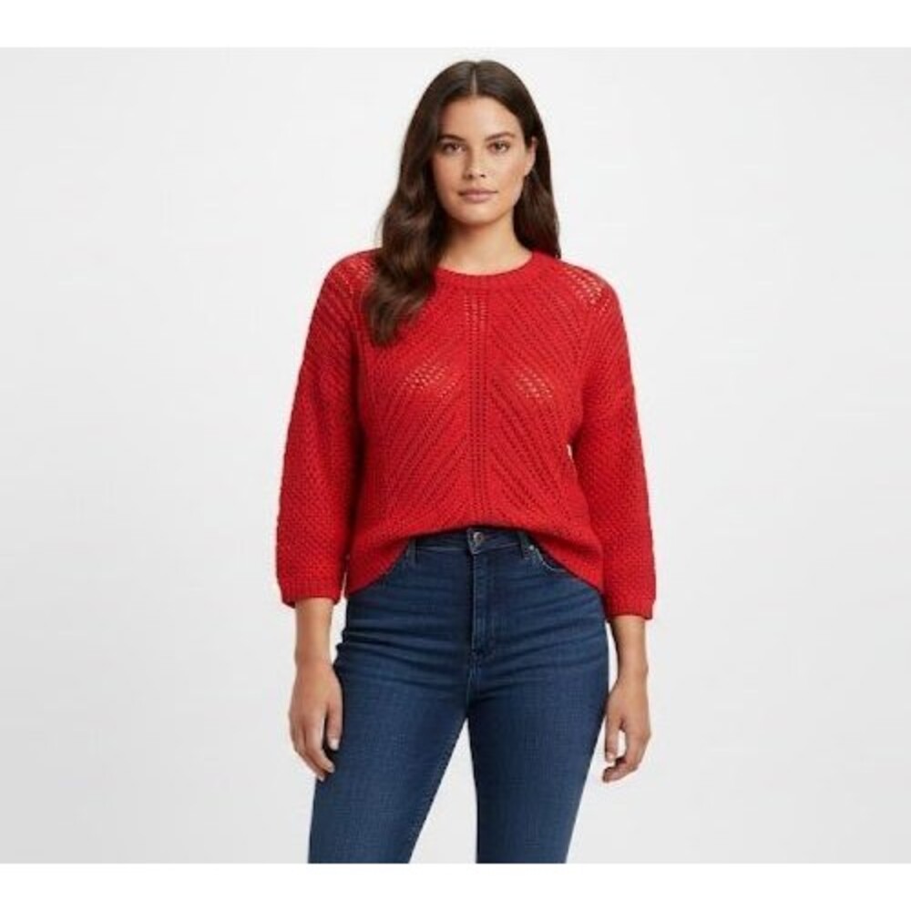 Chelsea & Theodore Open Knit Sweater Red 3/4 Sleeve Holiday Casual Office XXL